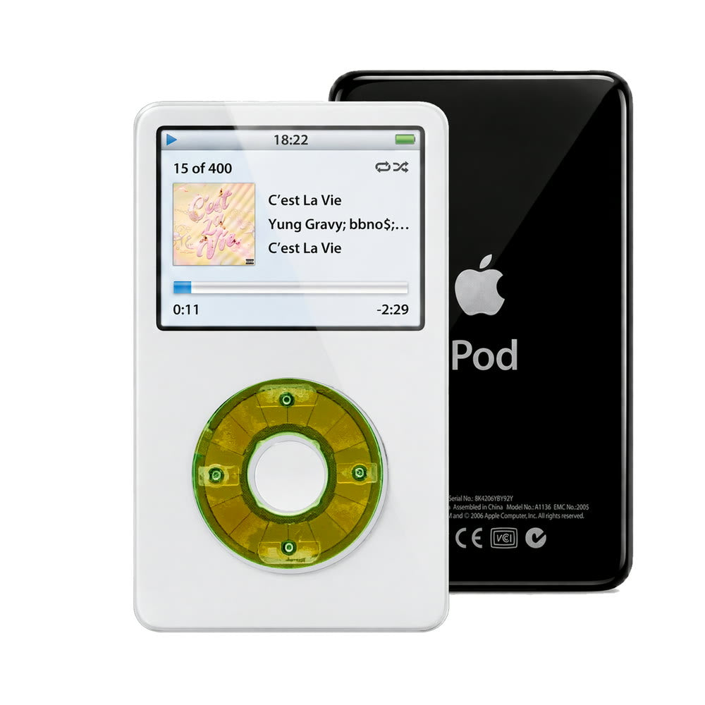 White refurbished iPod Video 5.5 Gen with Clear Silver Green click wheel and Black back plate
