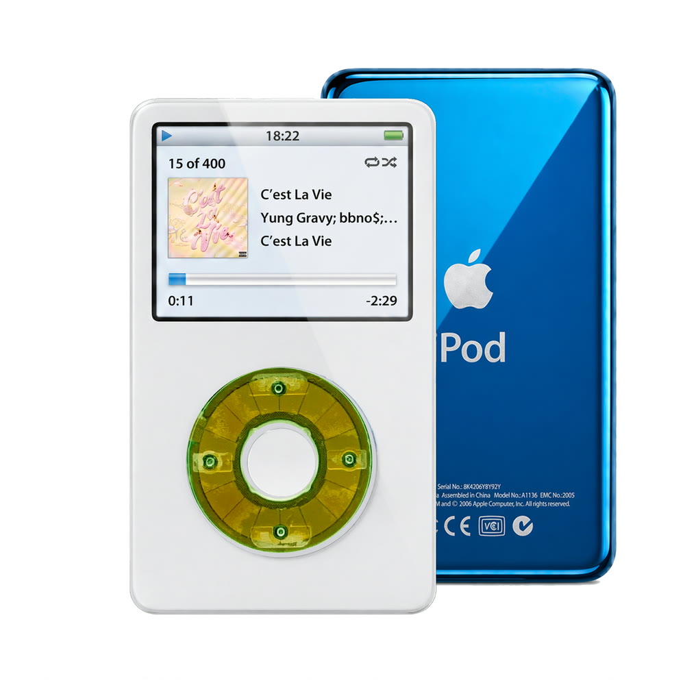 White refurbished iPod Video 5.5 Gen with Clear Silver Green click wheel and Blue back plate