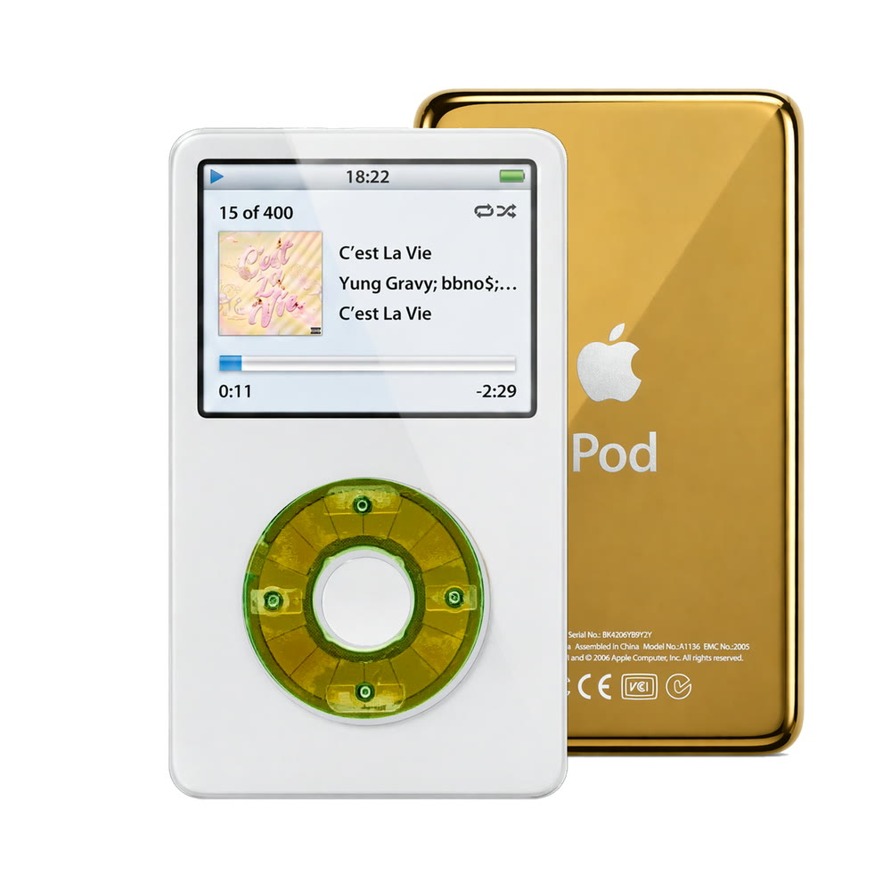 White refurbished iPod Video 5.5 Gen with Clear Silver Green click wheel and Gold back plate