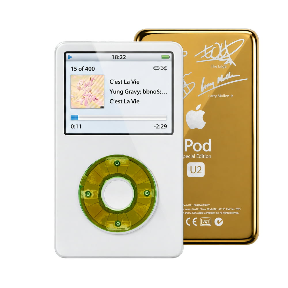 White refurbished iPod Video 5.5 Gen with Clear Silver Green click wheel and Gold U2 back plate