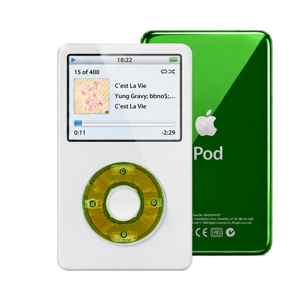 White refurbished iPod Video 5.5 Gen with Clear Silver Green click wheel and Green back plate