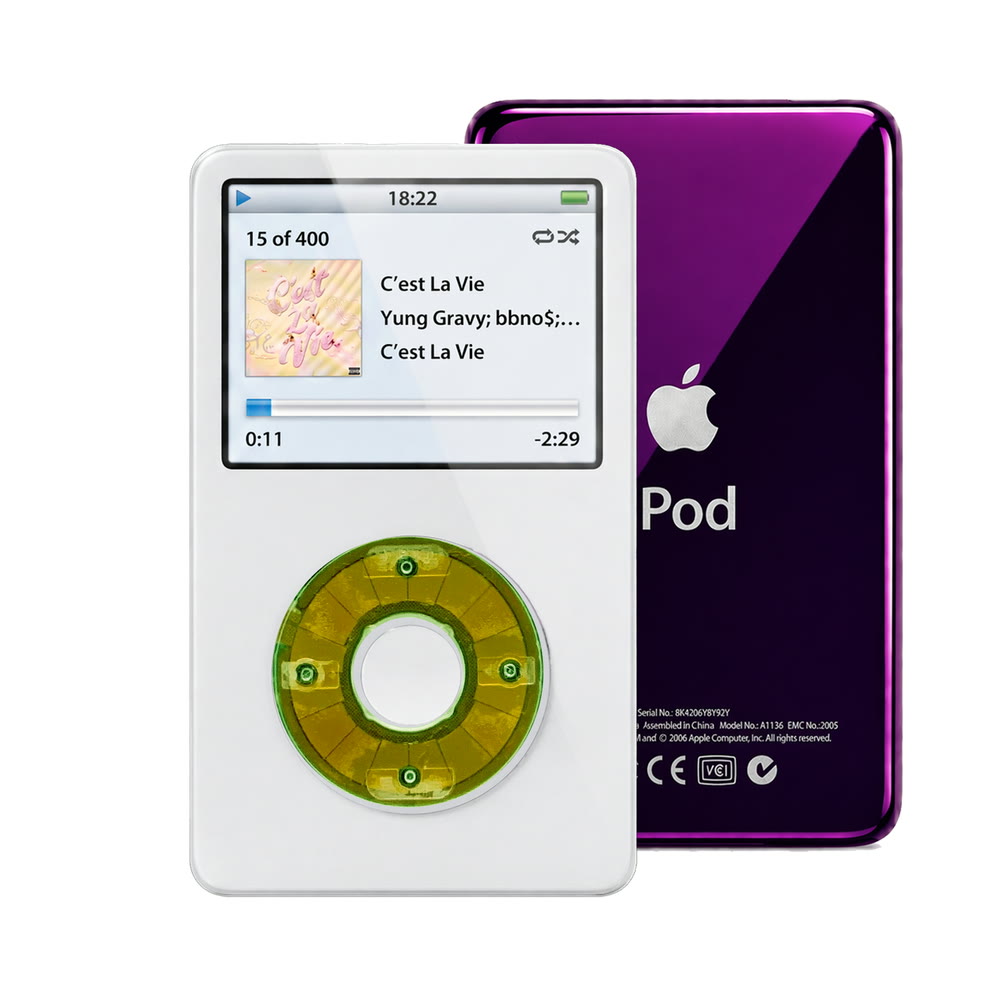 White refurbished iPod Video 5.5 Gen with Clear Silver Green click wheel and Purple back plate