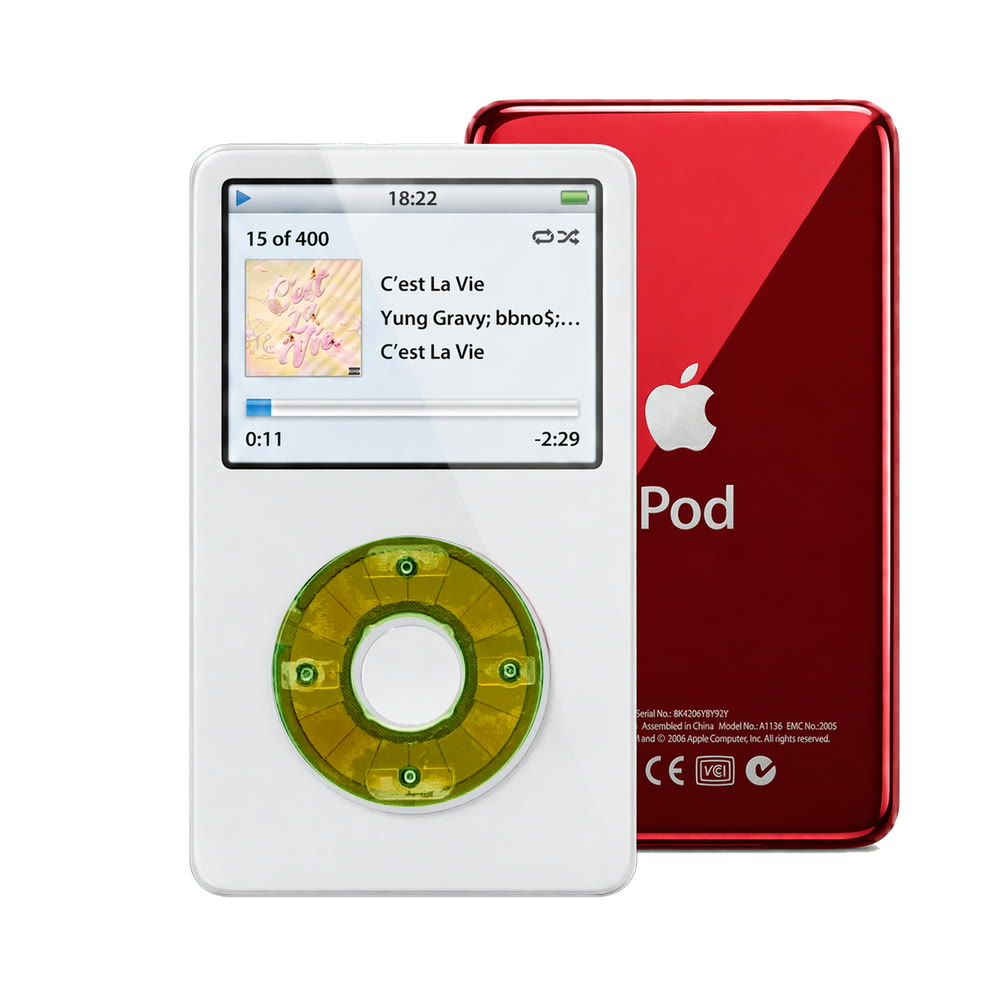 White refurbished iPod Video 5.5 Gen with Clear Silver Green click wheel and Red back plate