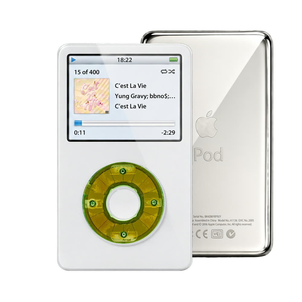 White refurbished iPod Video 5.5 Gen with Clear Silver Green click wheel and Silver back plate