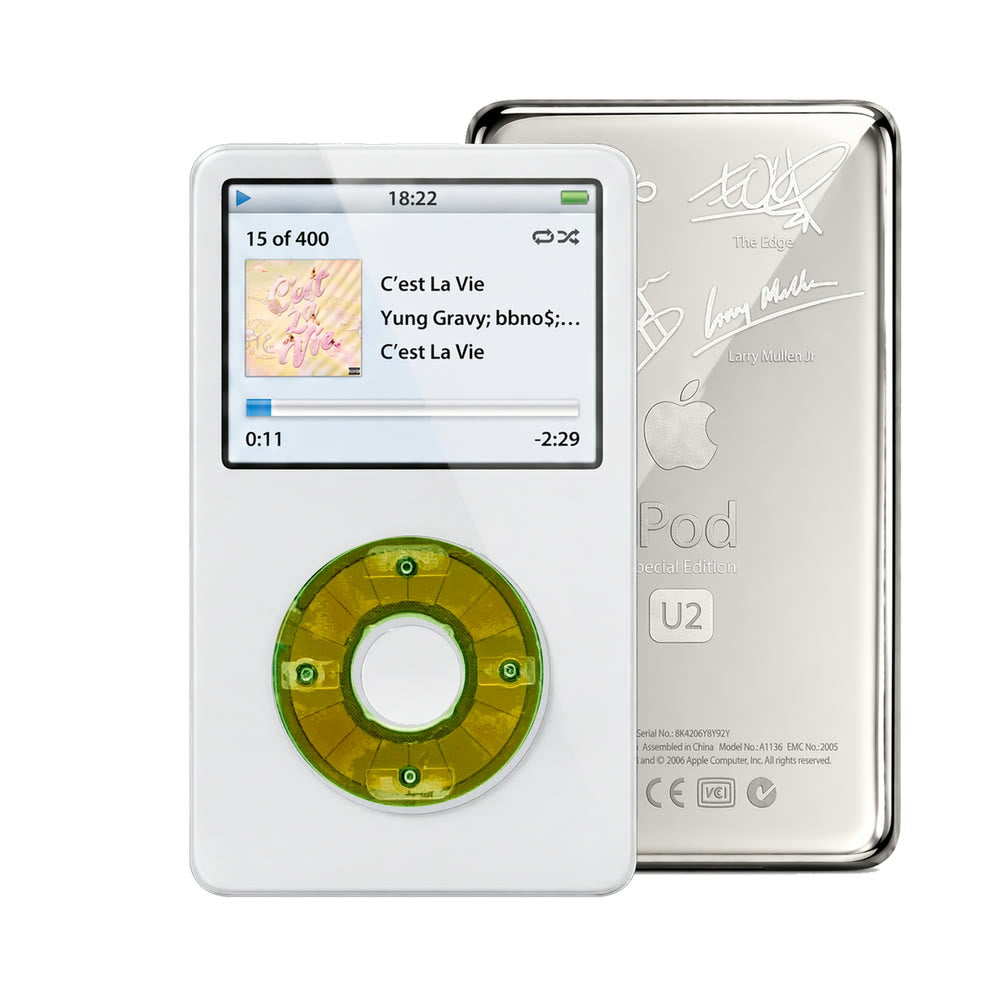 White refurbished iPod Video 5.5 Gen with Clear Silver Green click wheel and Silver U2 back plate