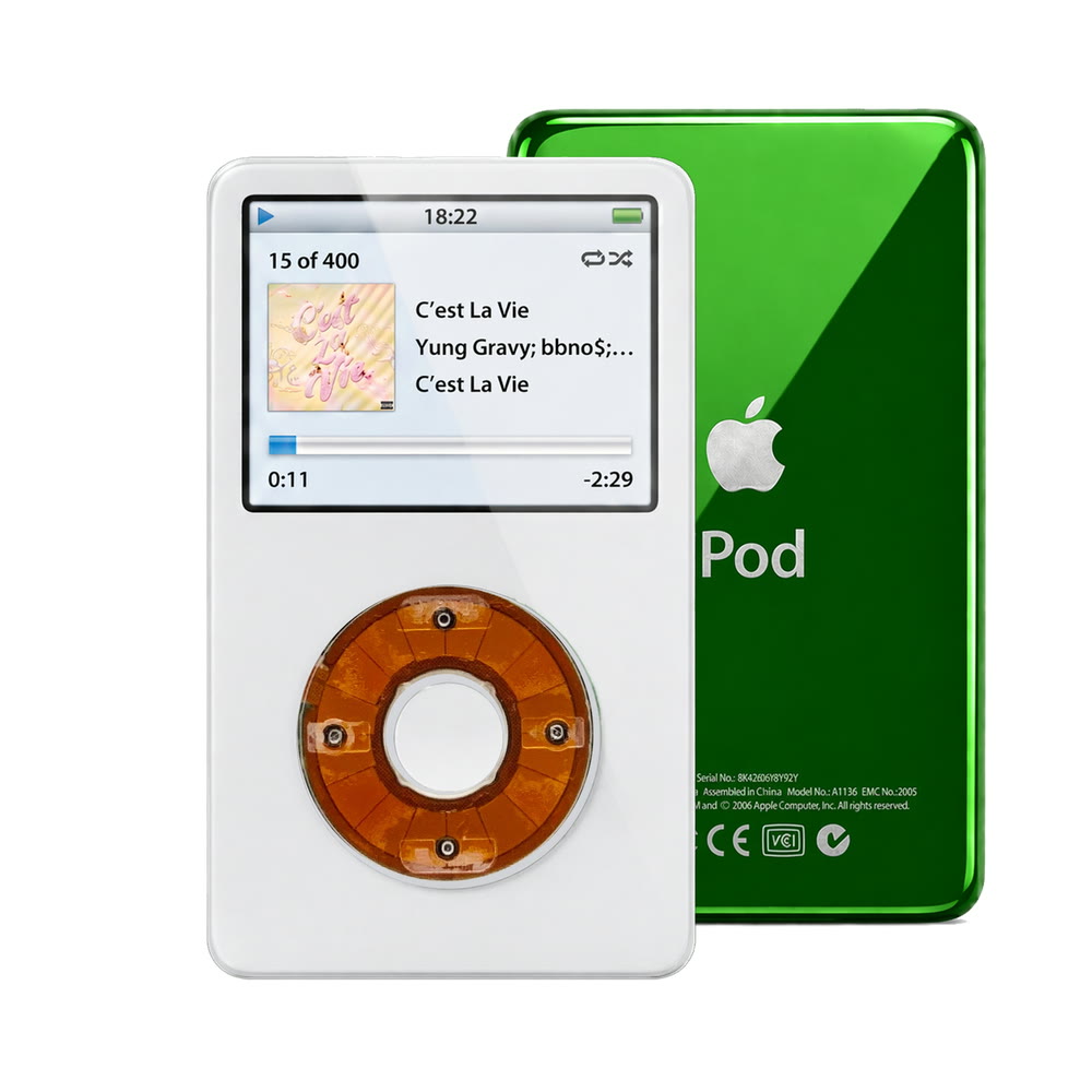 White refurbished iPod Video 5.5 Gen with Clear Yellow click wheel and Green back plate