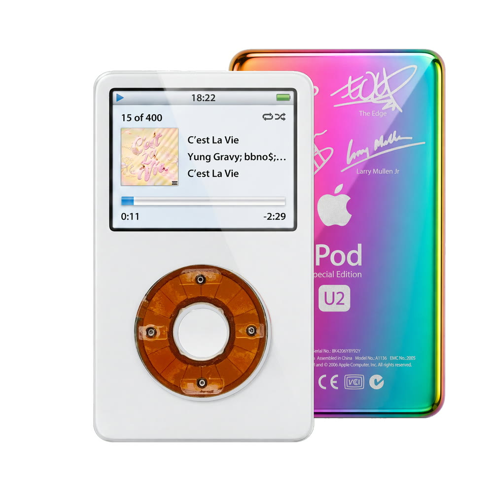White refurbished iPod Video 5.5 Gen with Clear Yellow click wheel and Rainbow U2 back plate