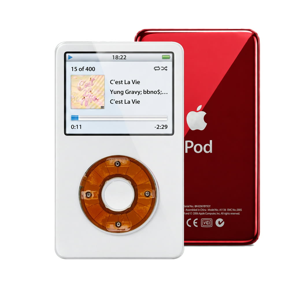 White refurbished iPod Video 5.5 Gen with Clear Yellow click wheel and Red back plate