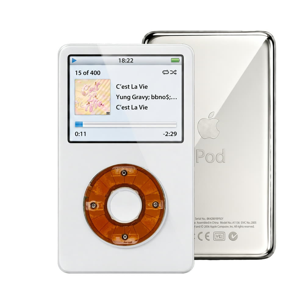 White refurbished iPod Video 5.5 Gen with Clear Yellow click wheel and Silver back plate