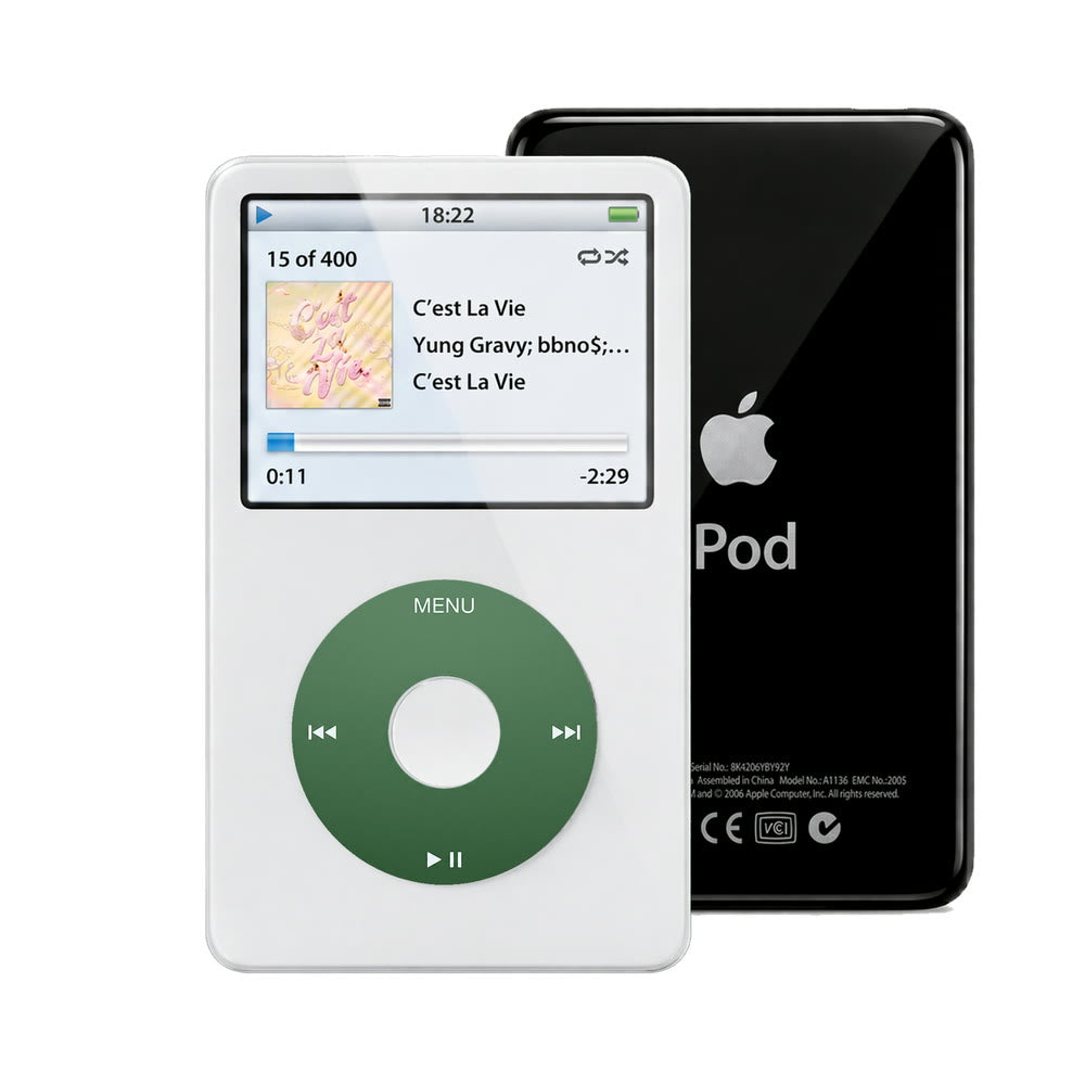 White refurbished iPod Video 5.5 Gen with Green click wheel and Black back plate