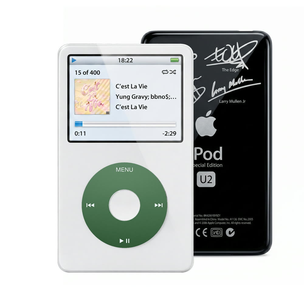 White refurbished iPod Video 5.5 Gen with Green click wheel and Black U2 back plate