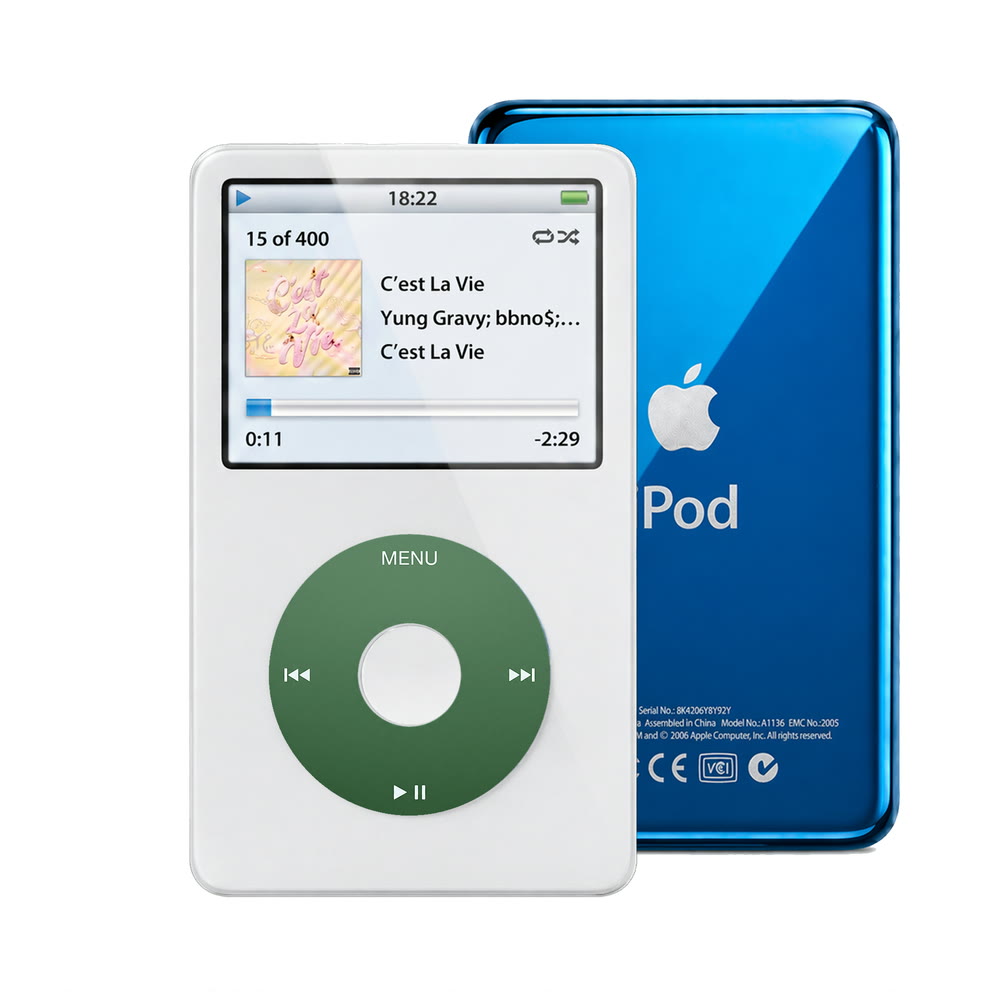 White refurbished iPod Video 5.5 Gen with Green click wheel and Blue back plate