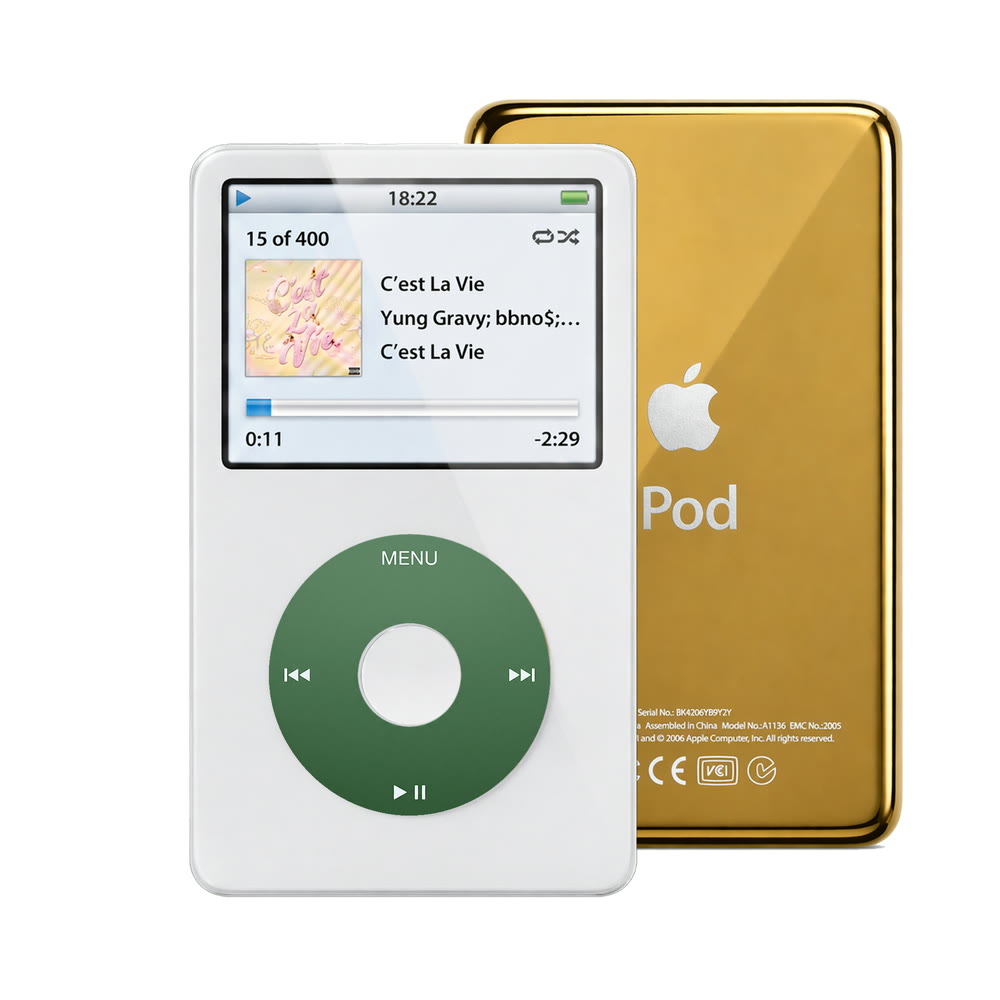 White refurbished iPod Video 5.5 Gen with Green click wheel and Gold back plate