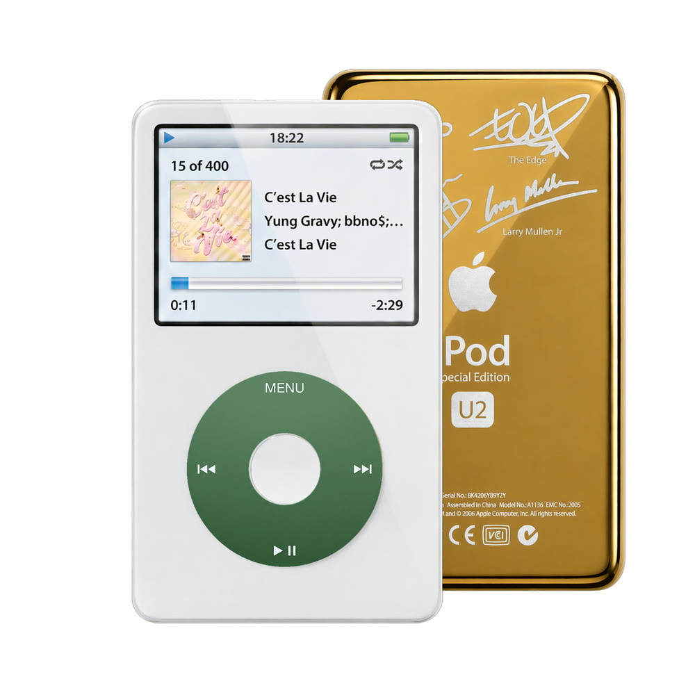 White refurbished iPod Video 5.5 Gen with Green click wheel and Gold U2 back plate