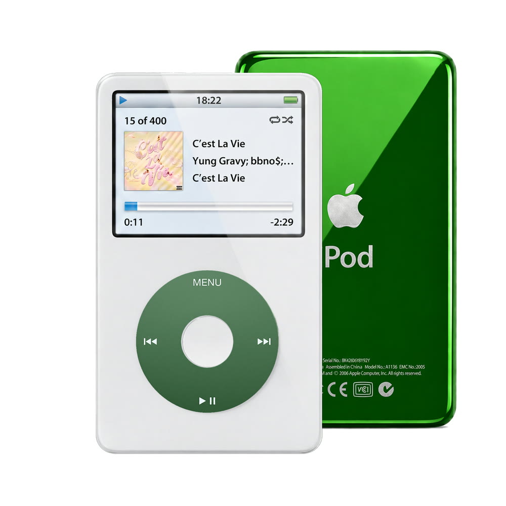 White refurbished iPod Video 5.5 Gen with Green click wheel and Green back plate