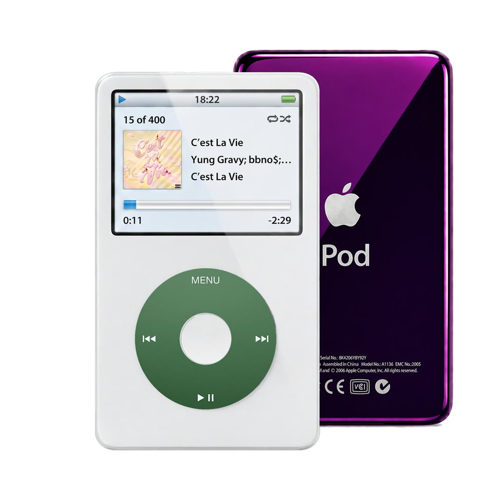 White refurbished iPod Video 5.5 Gen with Green click wheel and Purple back plate