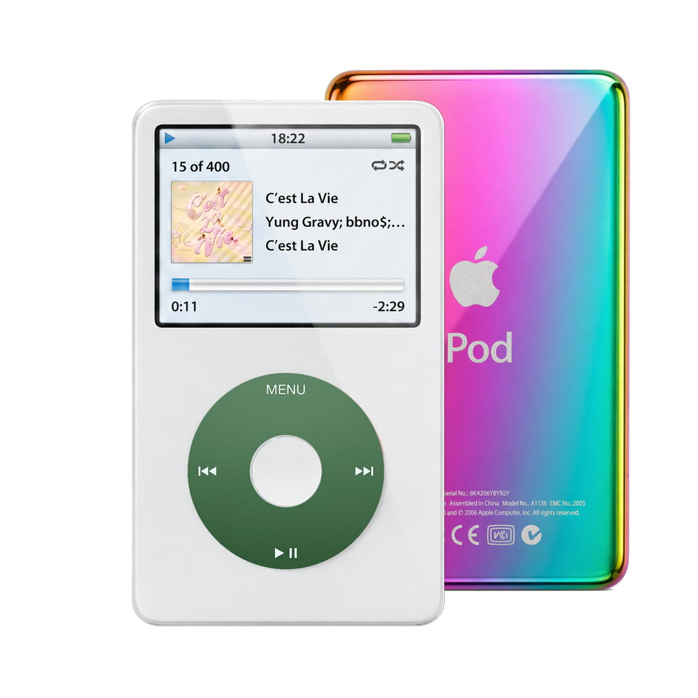 White refurbished iPod Video 5.5 Gen with Green click wheel and Rainbow back plate