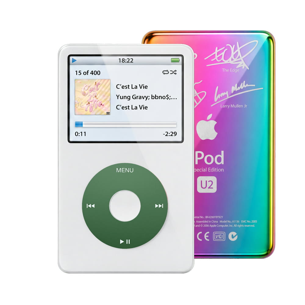 White refurbished iPod Video 5.5 Gen with Green click wheel and Rainbow U2 back plate