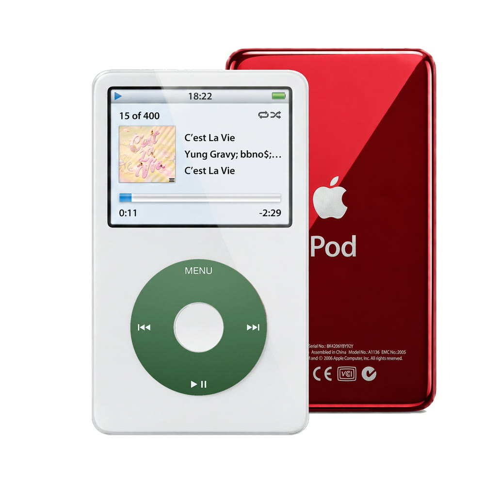 White refurbished iPod Video 5.5 Gen with Green click wheel and Red back plate