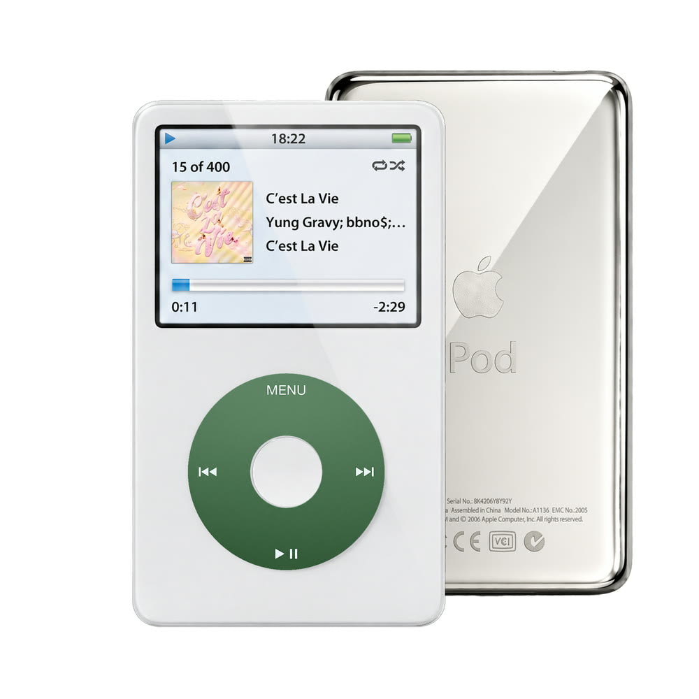 White refurbished iPod Video 5.5 Gen with Green click wheel and Silver back plate