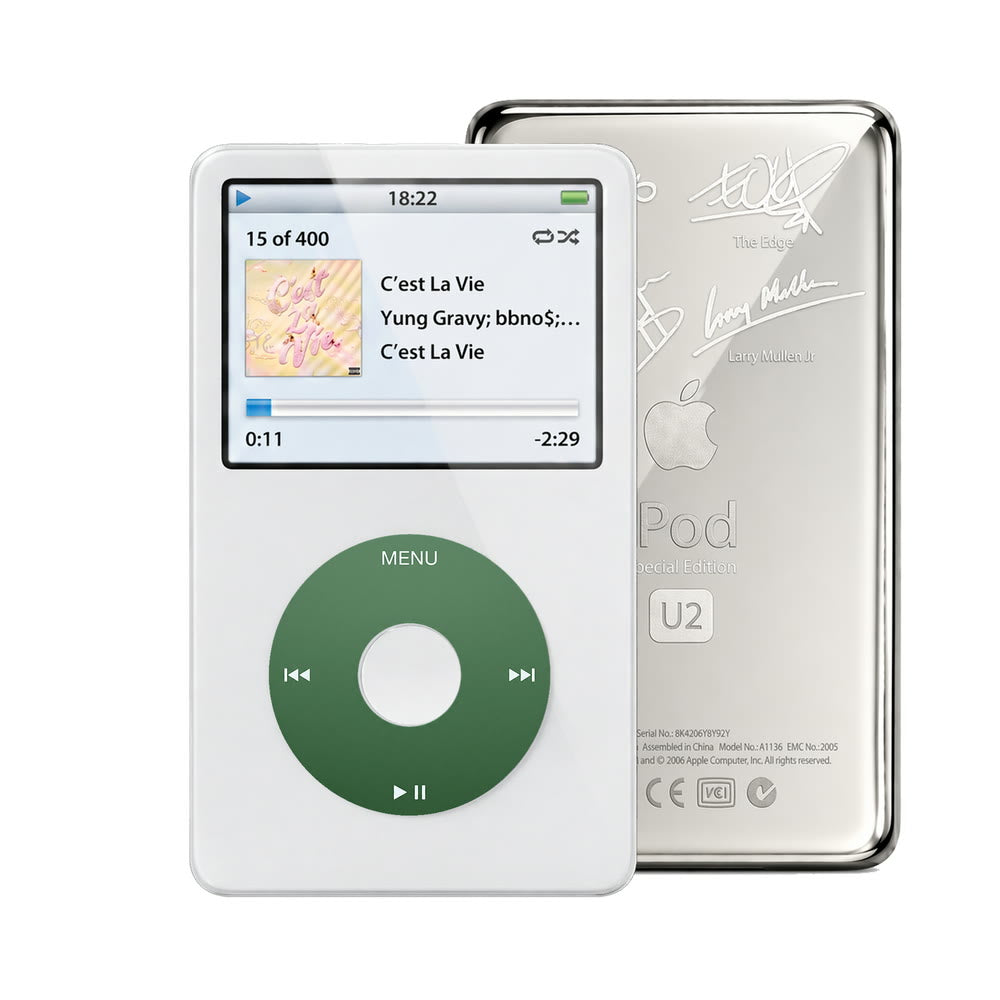 White refurbished iPod Video 5.5 Gen with Green click wheel and Silver U2 back plate