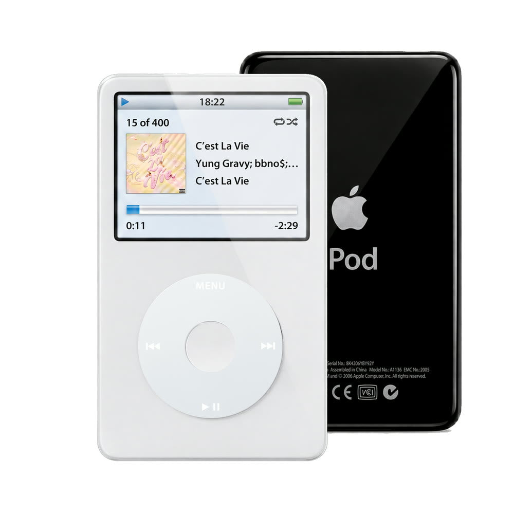 White refurbished iPod Video 5.5 Gen with Gray click wheel and Black back plate