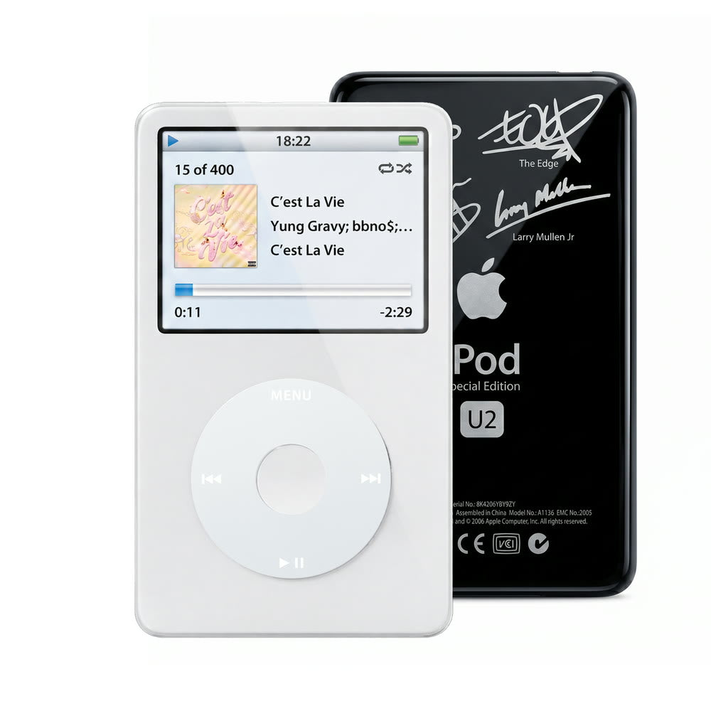 White refurbished iPod Video 5.5 Gen with Gray click wheel and Black U2 back plate