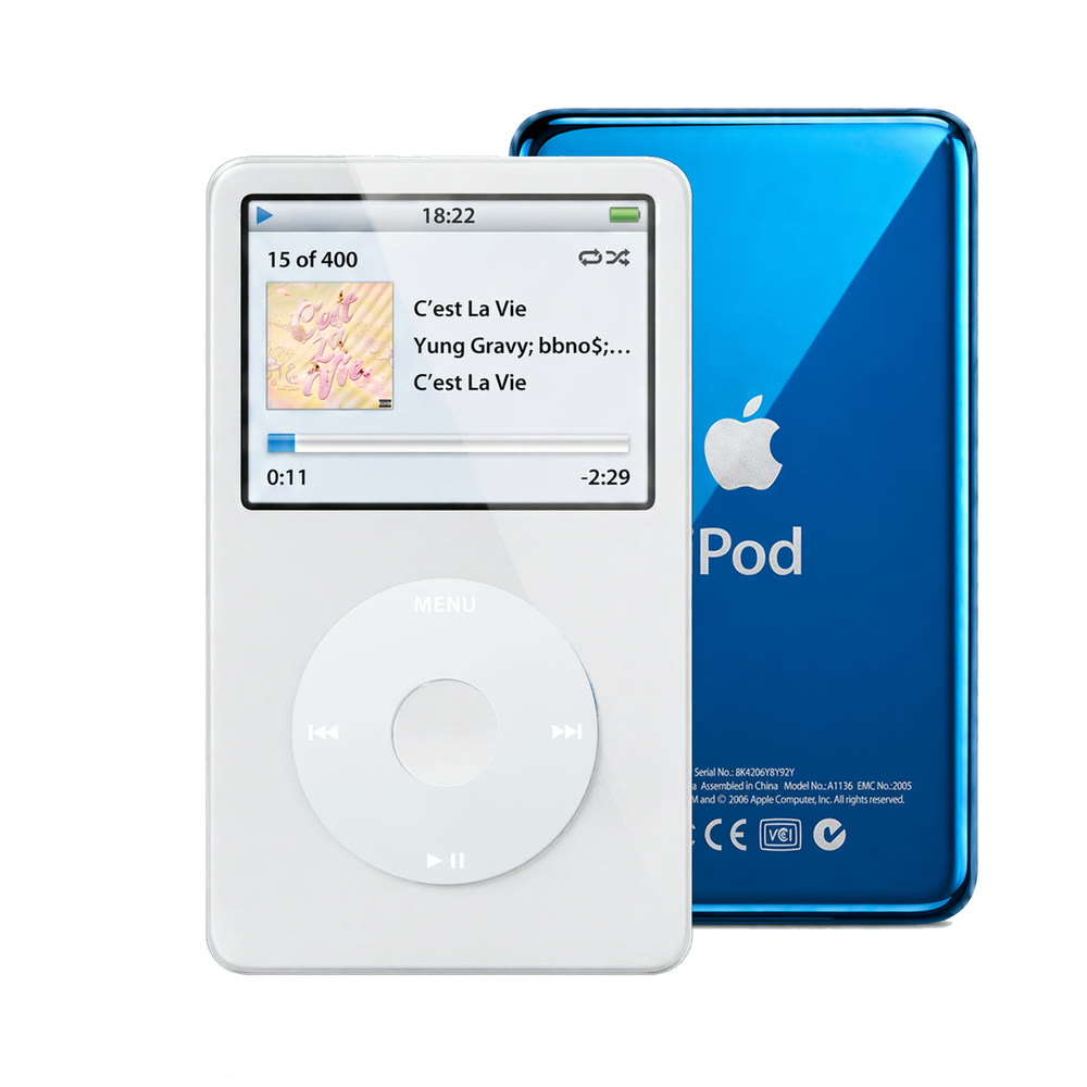 White refurbished iPod Video 5.5 Gen with Gray click wheel and Blue back plate