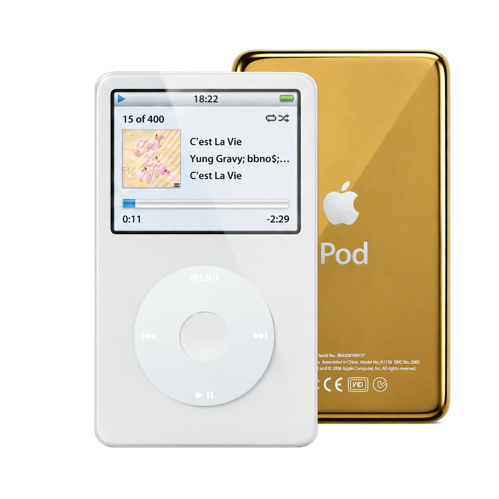 White refurbished iPod Video 5.5 Gen with Gray click wheel and Gold back plate