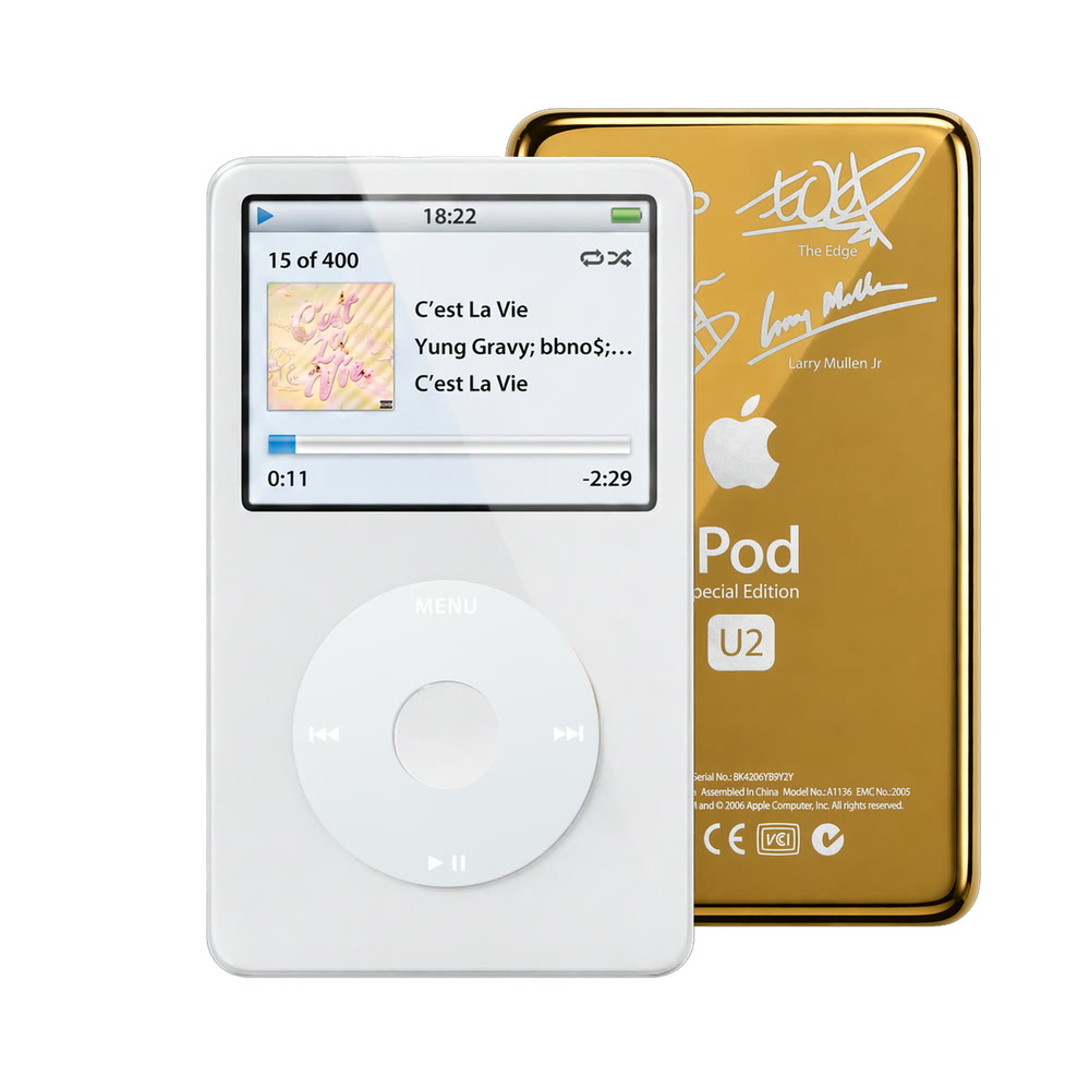 White refurbished iPod Video 5.5 Gen with Gray click wheel and Gold U2 back plate