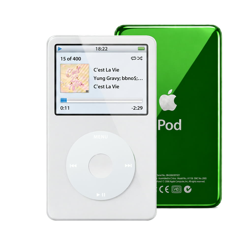 White refurbished iPod Video 5.5 Gen with Gray click wheel and Green back plate