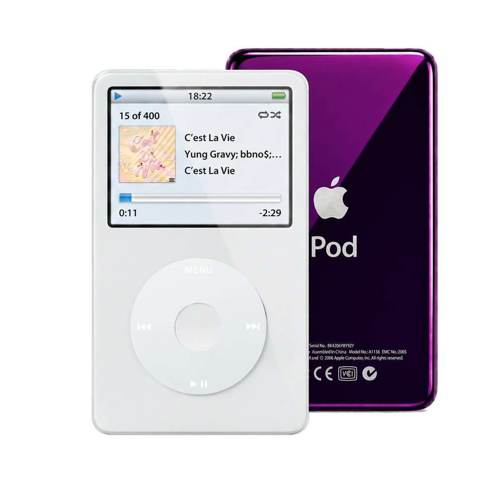 White refurbished iPod Video 5.5 Gen with Gray click wheel and Purple back plate
