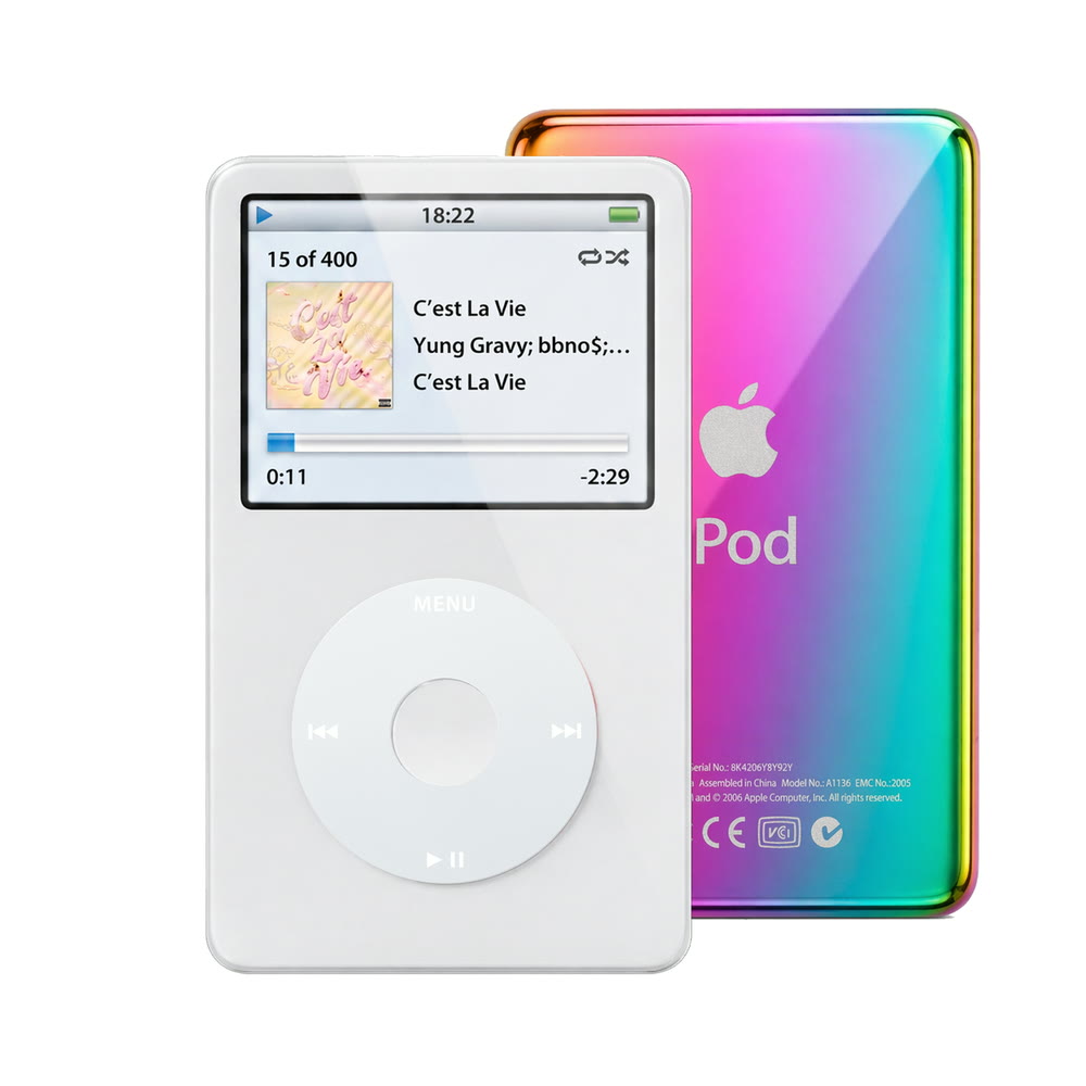 White refurbished iPod Video 5.5 Gen with Gray click wheel and Rainbow back plate