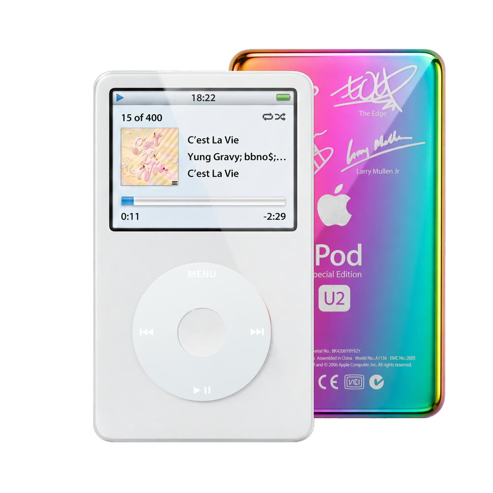 White refurbished iPod Video 5.5 Gen with Gray click wheel and Rainbow U2 back plate