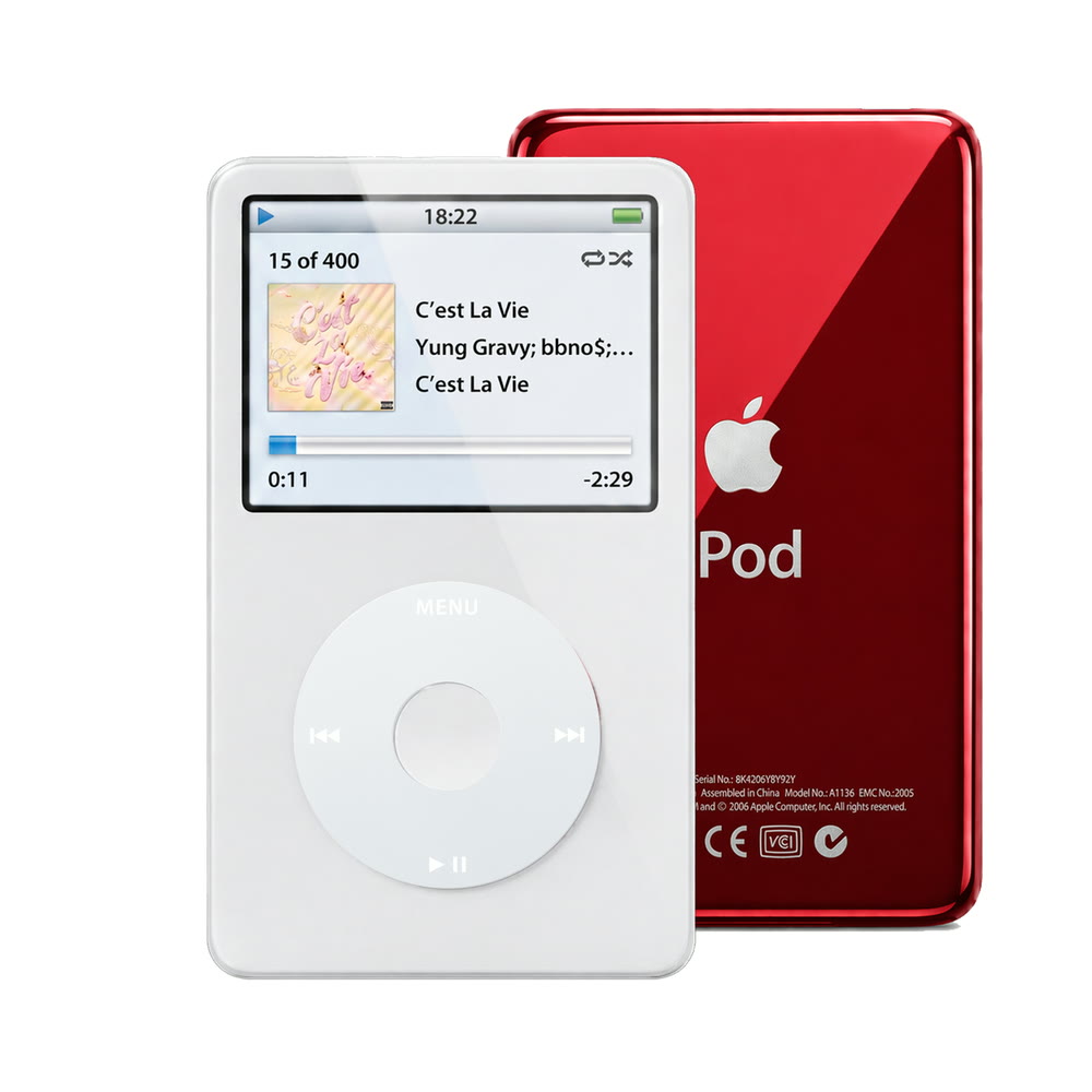 White refurbished iPod Video 5.5 Gen with Gray click wheel and Red back plate