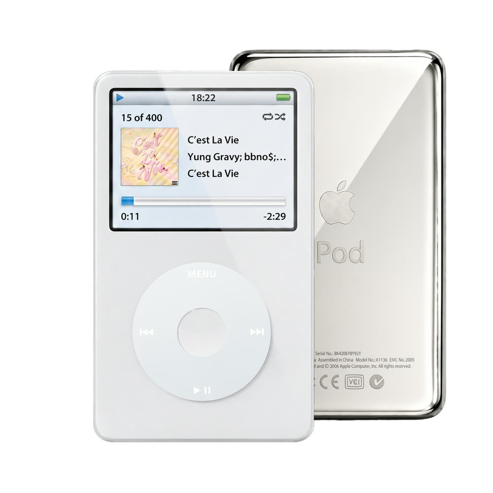 White refurbished iPod Video 5.5 Gen with Gray click wheel and Silver back plate