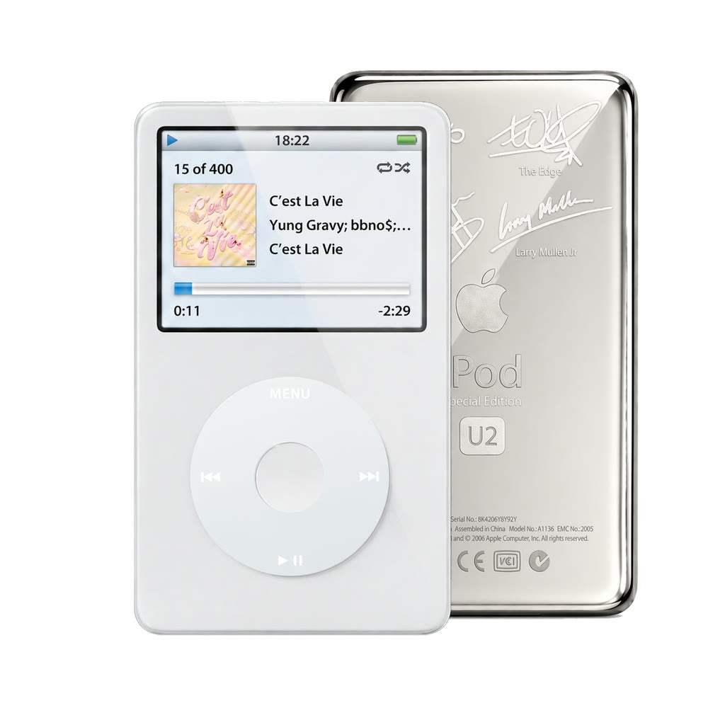 White refurbished iPod Video 5.5 Gen with Gray click wheel and Silver U2 back plate