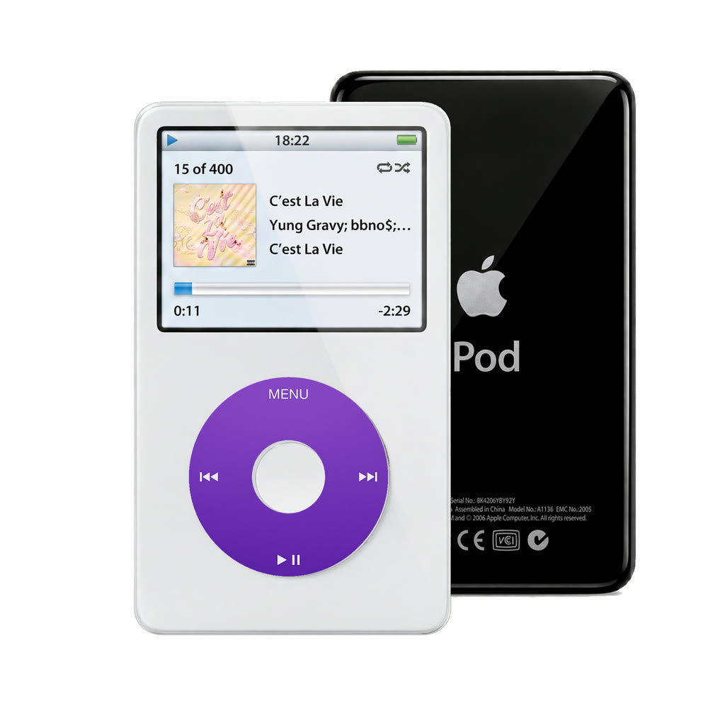 White refurbished iPod Video 5.5 Gen with Purple click wheel and Black back plate