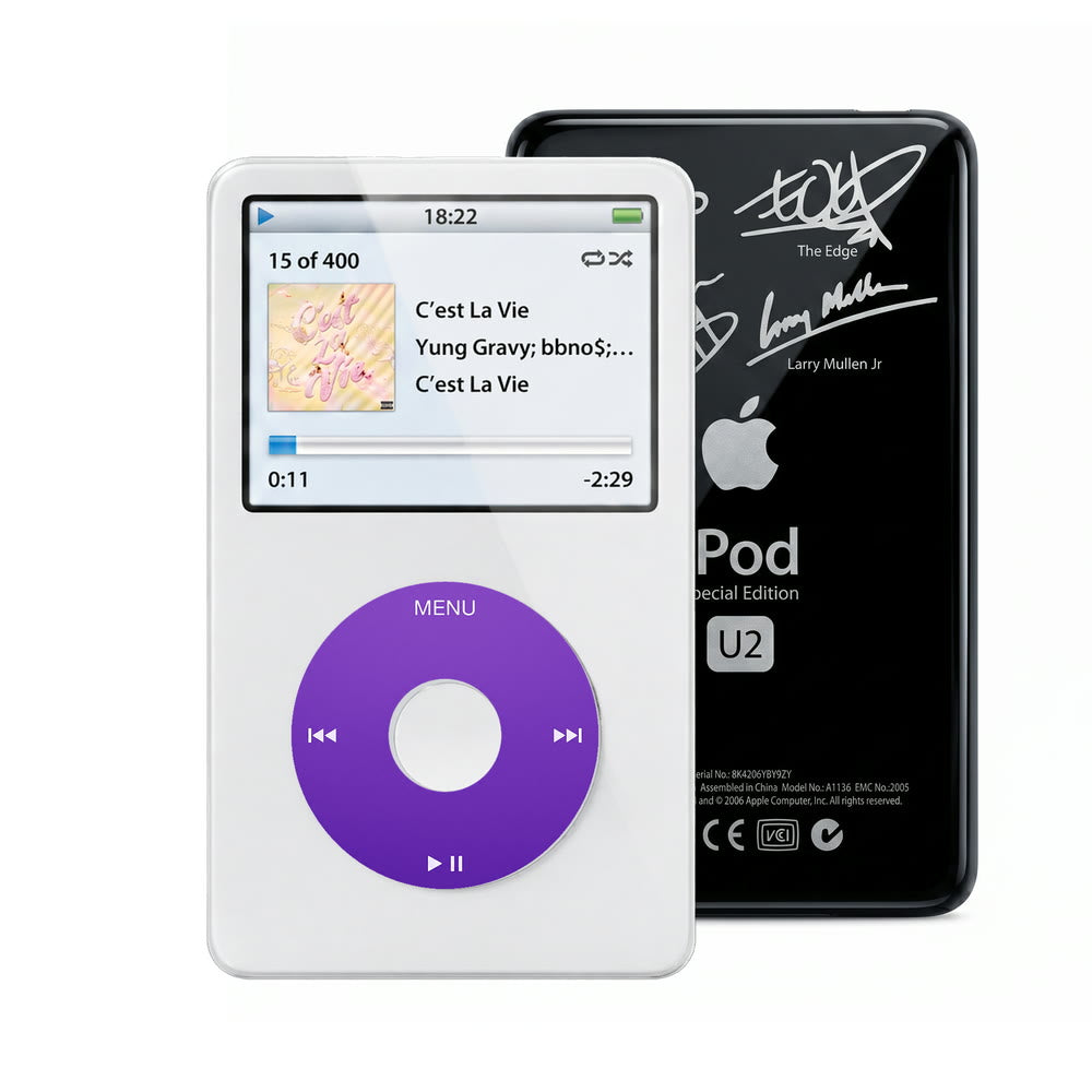 White refurbished iPod Video 5.5 Gen with Purple click wheel and Black U2 back plate