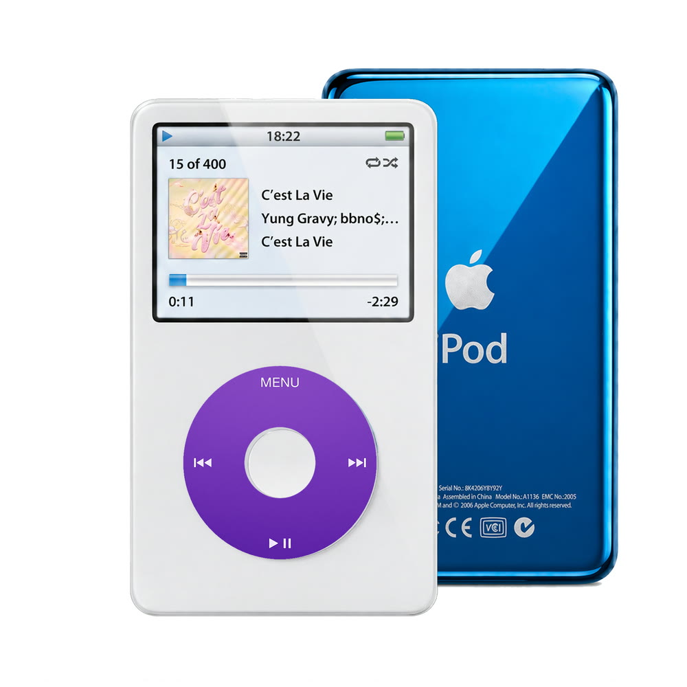 White refurbished iPod Video 5.5 Gen with Purple click wheel and Blue back plate