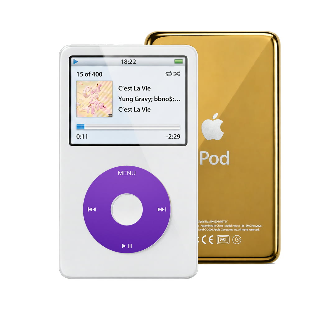 White refurbished iPod Video 5.5 Gen with Purple click wheel and Gold back plate