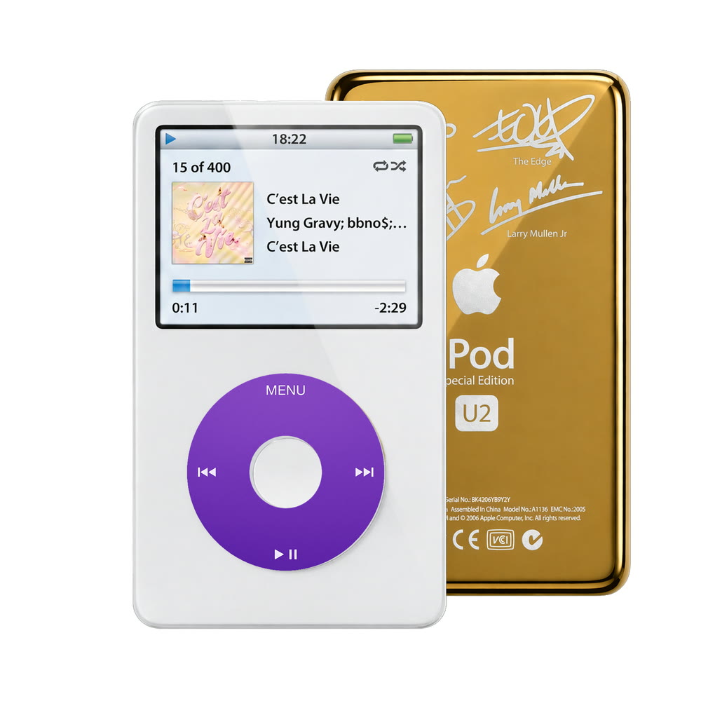 White refurbished iPod Video 5.5 Gen with Purple click wheel and Gold U2 back plate