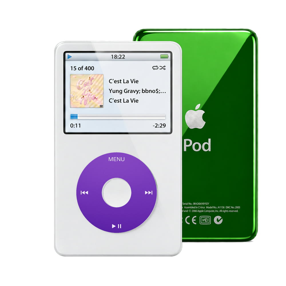 White refurbished iPod Video 5.5 Gen with Purple click wheel and Green back plate