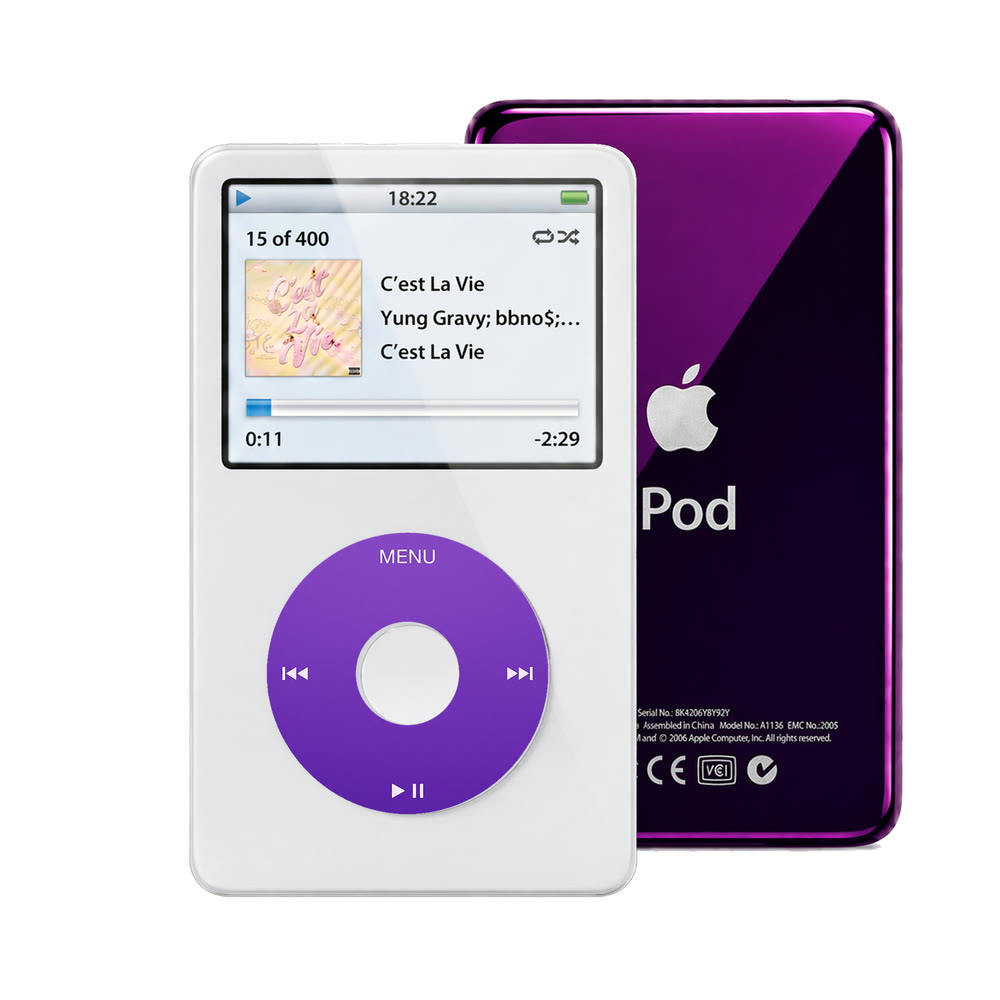 White refurbished iPod Video 5.5 Gen with Purple click wheel and Purple back plate