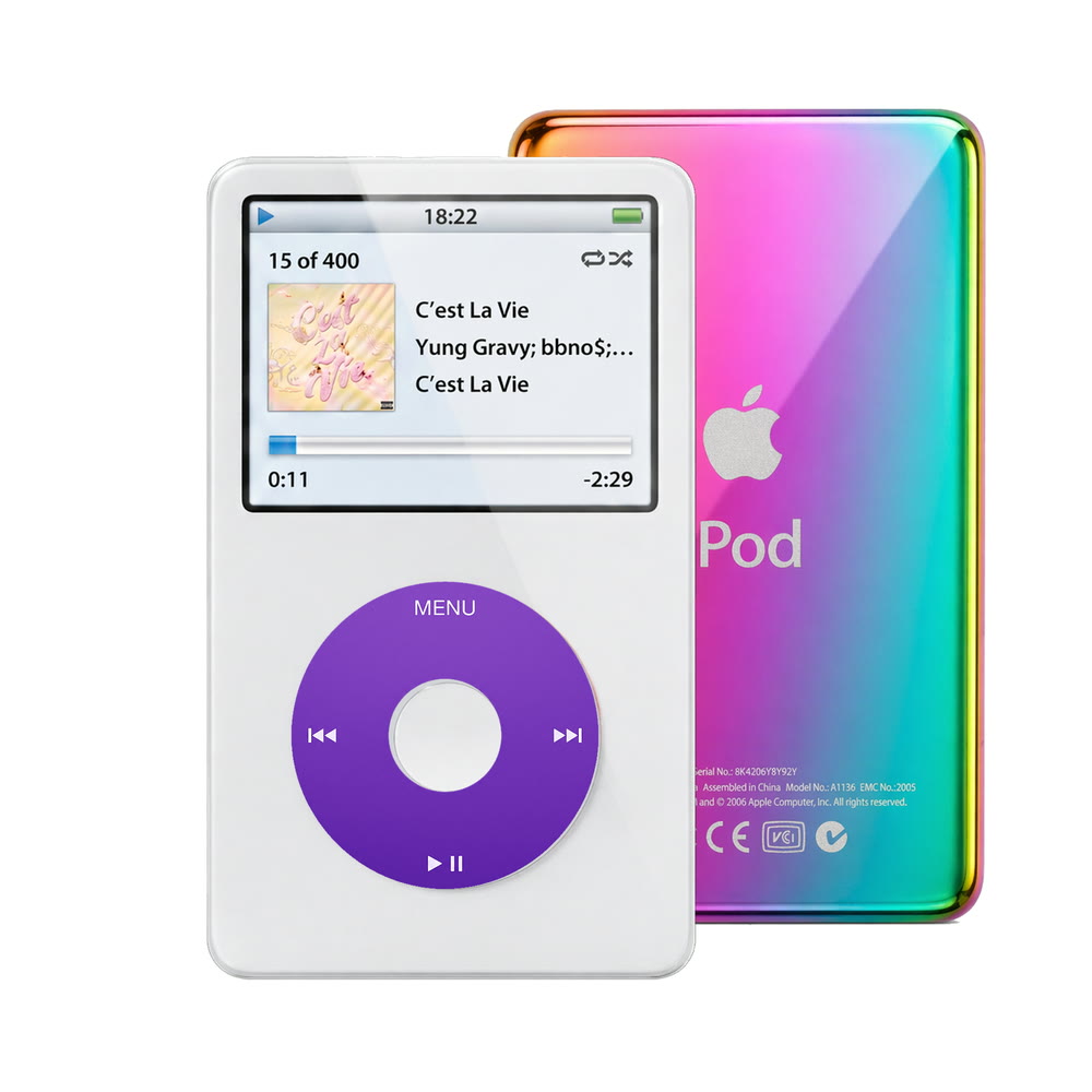 White refurbished iPod Video 5.5 Gen with Purple click wheel and Rainbow back plate