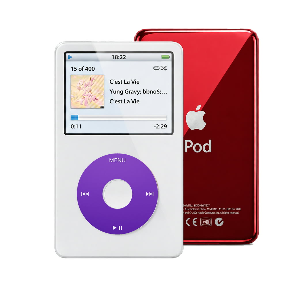 White refurbished iPod Video 5.5 Gen with Purple click wheel and Red back plate