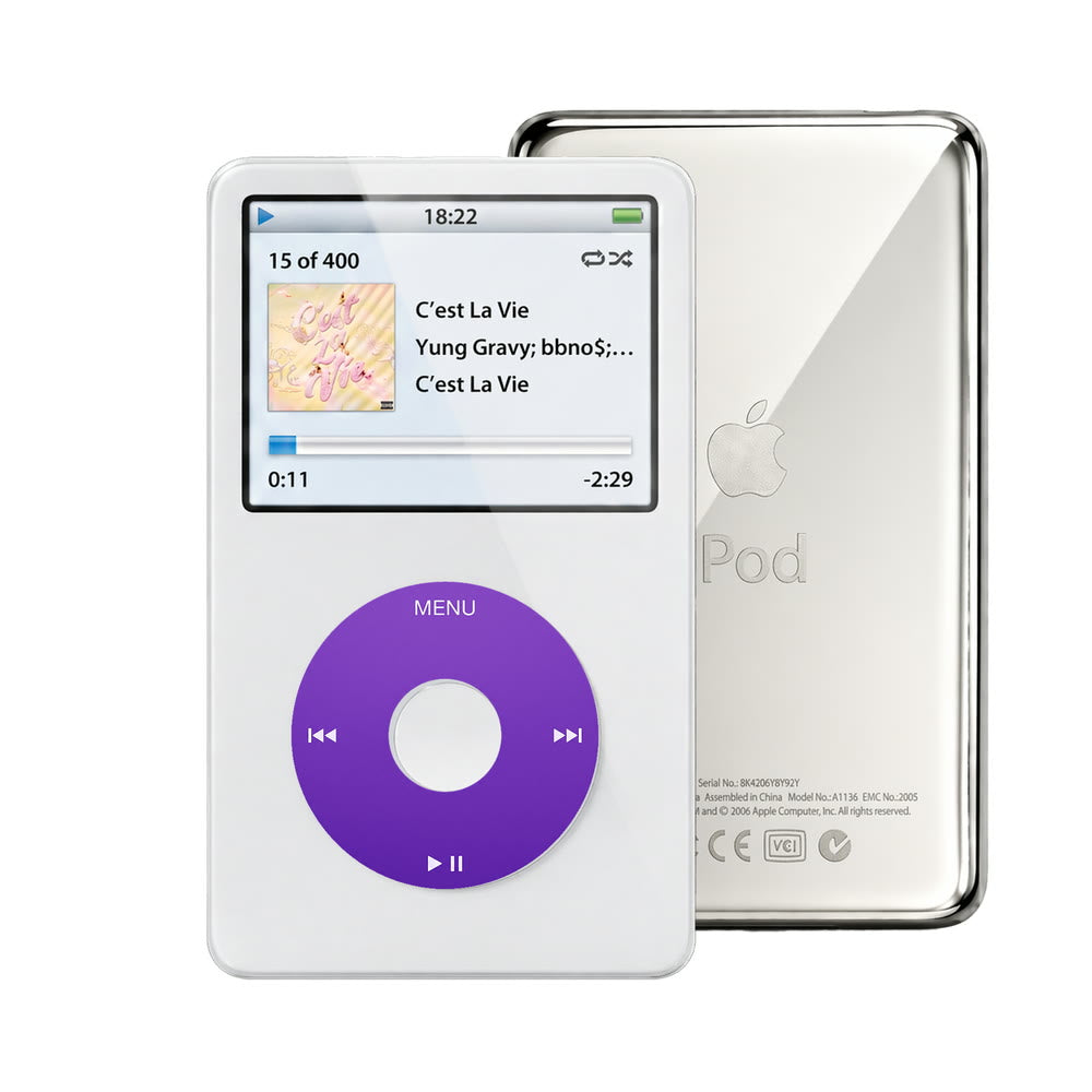 White refurbished iPod Video 5.5 Gen with Purple click wheel and Silver back plate