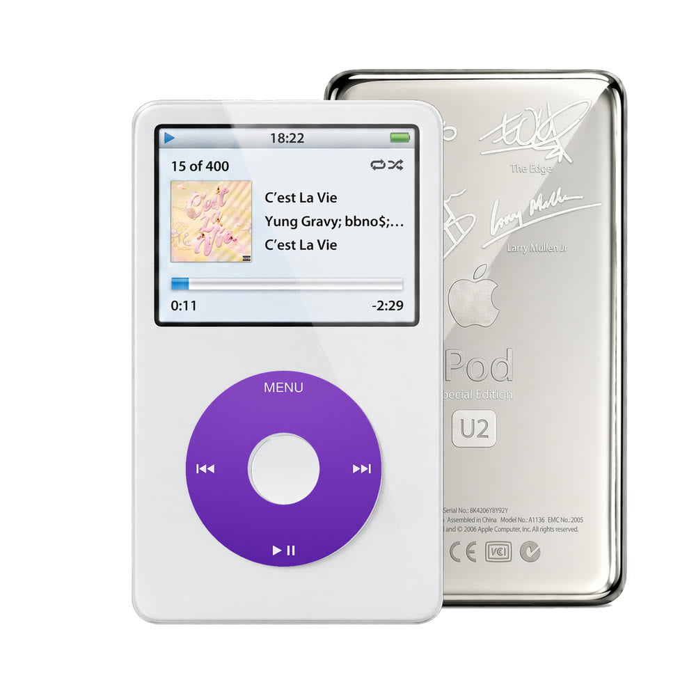 White refurbished iPod Video 5.5 Gen with Purple click wheel and Silver U2 back plate