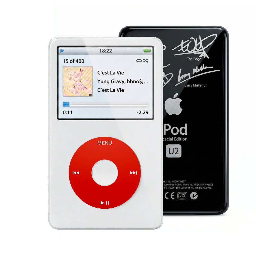 White refurbished iPod Video 5.5 Gen with Red click wheel and Black U2 back plate