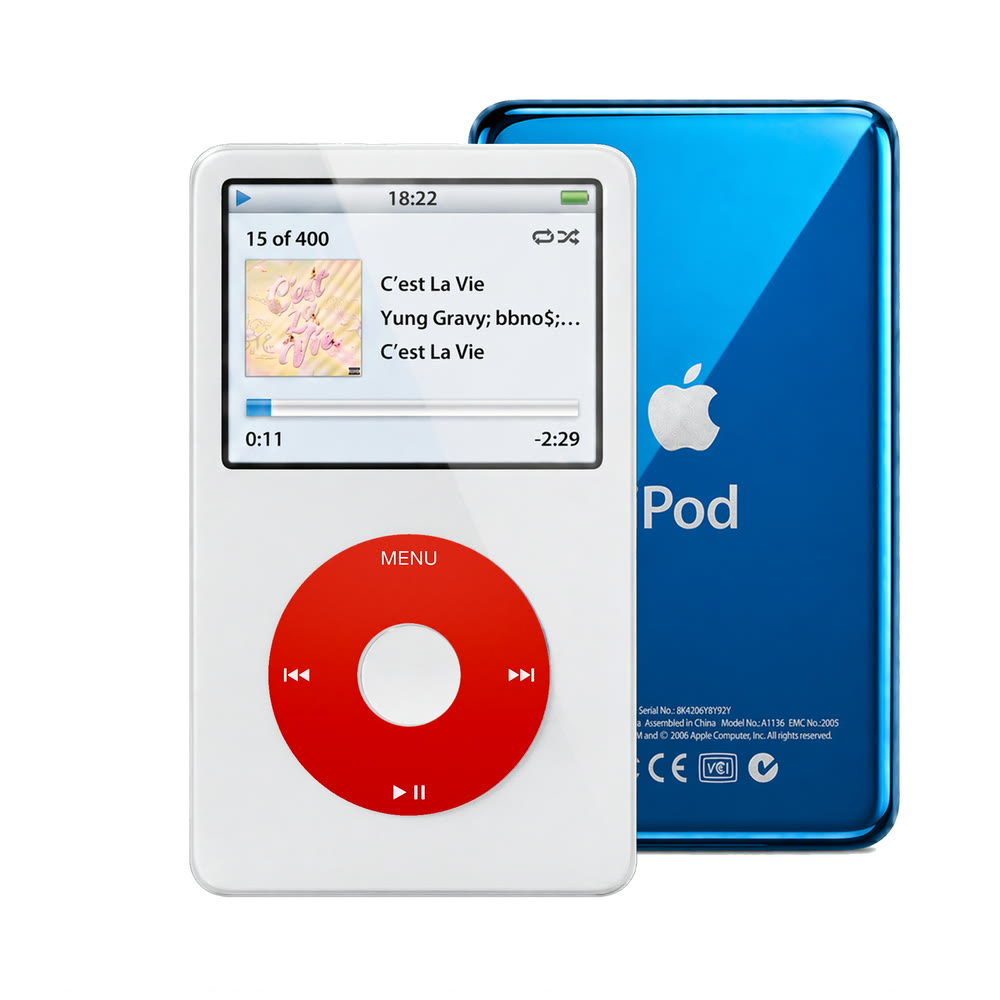 White refurbished iPod Video 5.5 Gen with Red click wheel and Blue back plate